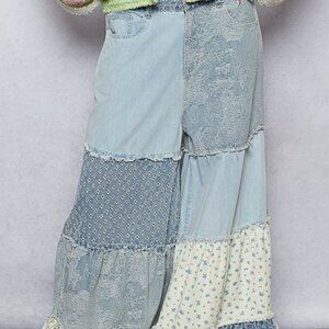 POL roomy fit palazzo jeans in woven with varied textured and printed patchwork